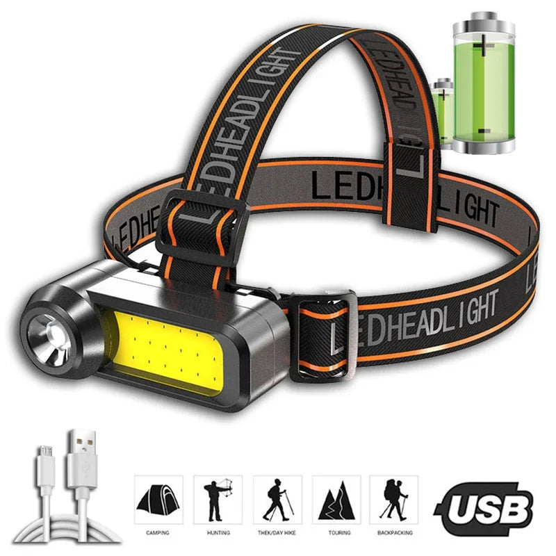 Super Bright COB LED Headlamp Long Range USB Rechargeable Headlight Use 18650 Battery Waterproof Head Lamp Portable Head Light