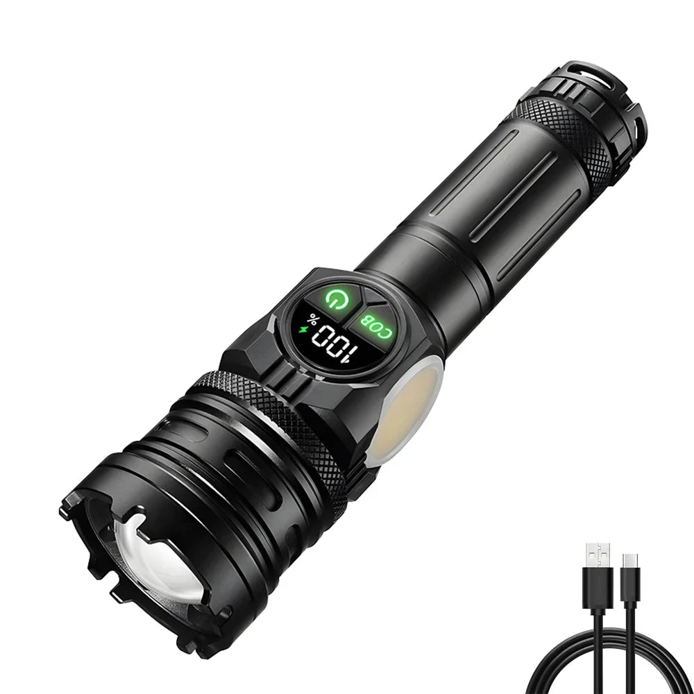 High Power LED Flashlight USB Rechargeable Light Telescopic Zoom Torch Digital Display Tail Magnetic Working Emergency Lantern