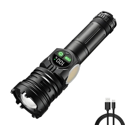 High Power LED Flashlight USB Rechargeable Light Telescopic Zoom Torch Digital Display Tail Magnetic Working Emergency Lantern