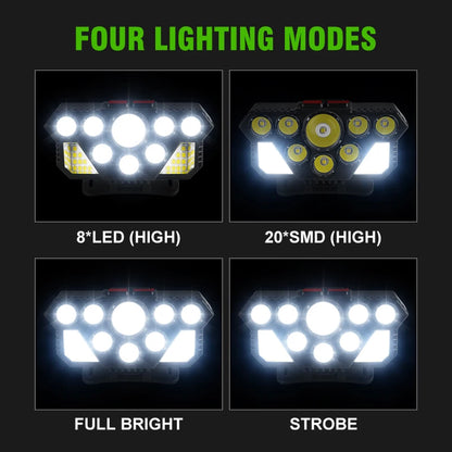 Strong Light Headlamp 8LED+20SMD Five-Head Super Bright Head Lamp USB Rechargeable Flashlight Outdoor Fishing Lamp Headlight