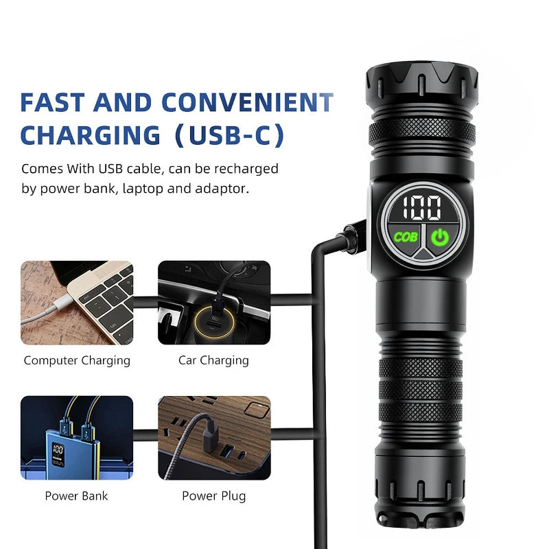 Outdoor camping patrol dual light source intelligent display aluminum tactical flashlight