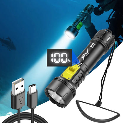 New XHP70 Diving Flashlight IPX8 Waterproof Digital Charging Case Dual-Use Underwater Land High-Intensity Flashlight