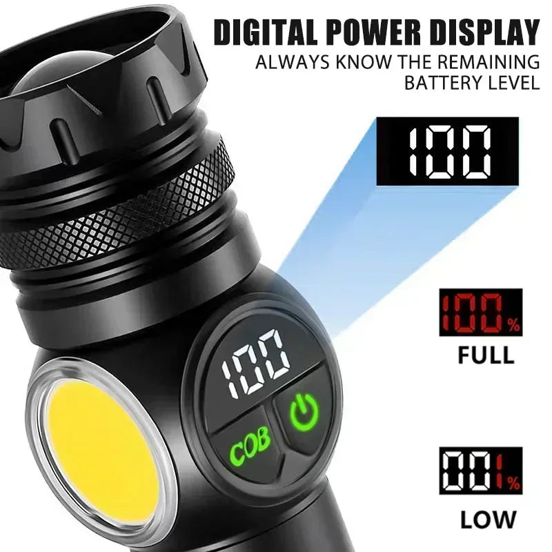 High Power LED Flashlight USB Rechargeable Light Telescopic Zoom Torch Digital Display Tail Magnetic Working Emergency Lantern
