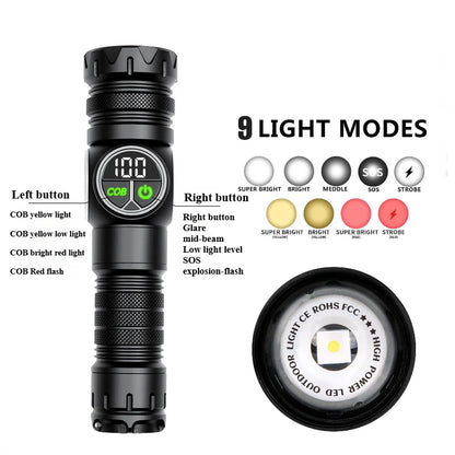 Outdoor camping patrol dual light source intelligent display aluminum tactical flashlight