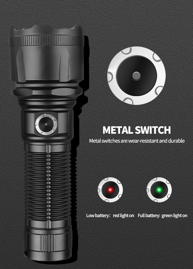 مصباح يدوي XHP160 الجديد بقوة 30 واط مع تقريب بارد ومفتاح معدني خارجي قوي لإرسال بطارية 26650 و10000 مللي أمبير في الساعة