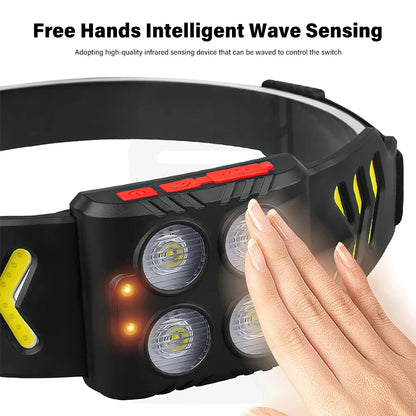 Ultra Bright XPE+COB LED Sensor Headlamp Type-C Fast Charging Headlight Outdoor Portable Waterproof Camping Fishing Headlight