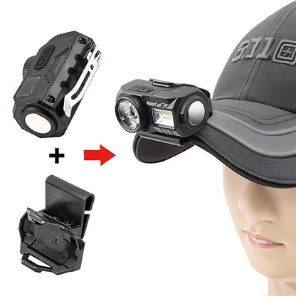 Emergency Rechargeable XPE headlight featuring pen clip, built-in battery, magnetic suction, and intelligent LED strong light