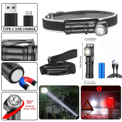 LED+COB waterproof Head Flashlight Type-C Rechargeable 90° Adjustable Portable Headlight Indicator Magnet Tail Camping Torch