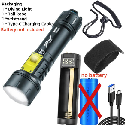New XHP70 Diving Flashlight IPX8 Waterproof Digital Charging Case Dual-Use Underwater Land High-Intensity Flashlight