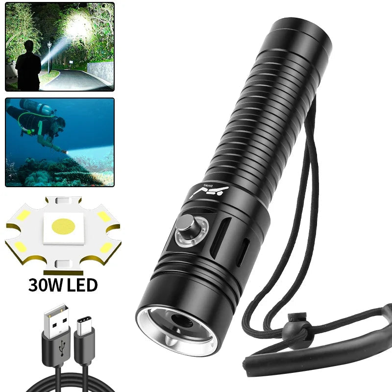 LED Professional Dive Light 100M Depth Scuba Diving Flashlight 18650 Battery Portable Ultra-Bright Flashlight