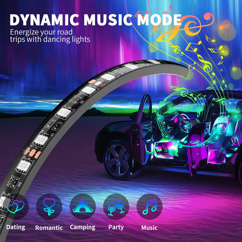 car accessories RGB 12 LED fiber car led strips ambient light 12V 5V interior decorate atmosphere light in car