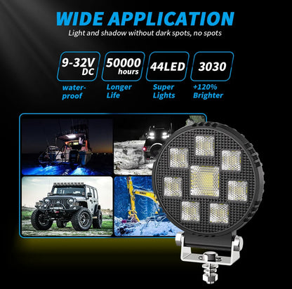4 Inch Black Knight Round Floodlight 44 LED 9-32V Car Work Light For Jeep Truck Boat Tractor ATV Offroad 4X4 Barra LED Headlight