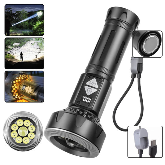 Outdoor High Power LED Flashlight USB Rechargeable Long-range Tactical Torch With COB Side Light Strong Magnetic Lantern Camping