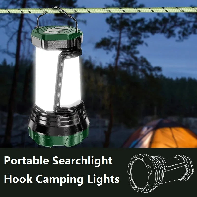 Linterna de camping multifunción LED recargable por USB para exteriores, impermeable, portátil, lámpara de emergencia, potente reflector para tienda de campaña y pesca