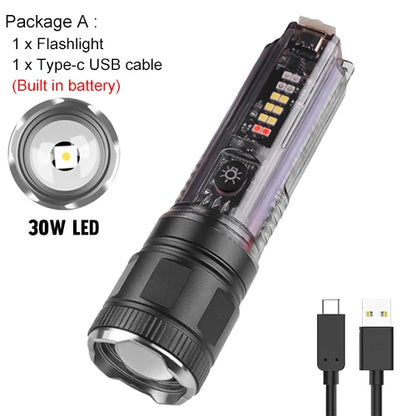 Mini Flashlight XHP50/30W LED 1000LM 1200M Range UV Light Built-in Battery Solar Rechargeable Torch Telescopic Zoom Lamp