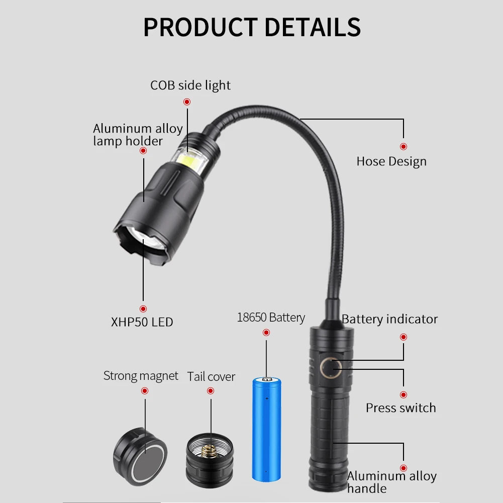 Linterna LED recargable por USB, luz de trabajo LED COB flexible, lámpara de inspección magnética para reparación de automóviles, para acampar al aire libre y emergencia