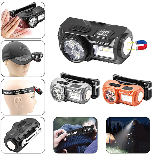Emergency Rechargeable XPE headlight featuring pen clip, built-in battery, magnetic suction, and intelligent LED strong light
