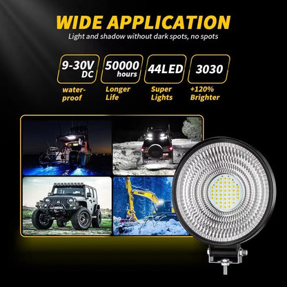 3200LM Car LED Work Light, 4inch 44LED Round Flood Work Light Off-Road Vehicle Light Outdoor Auxiliary Light DC9V-30V