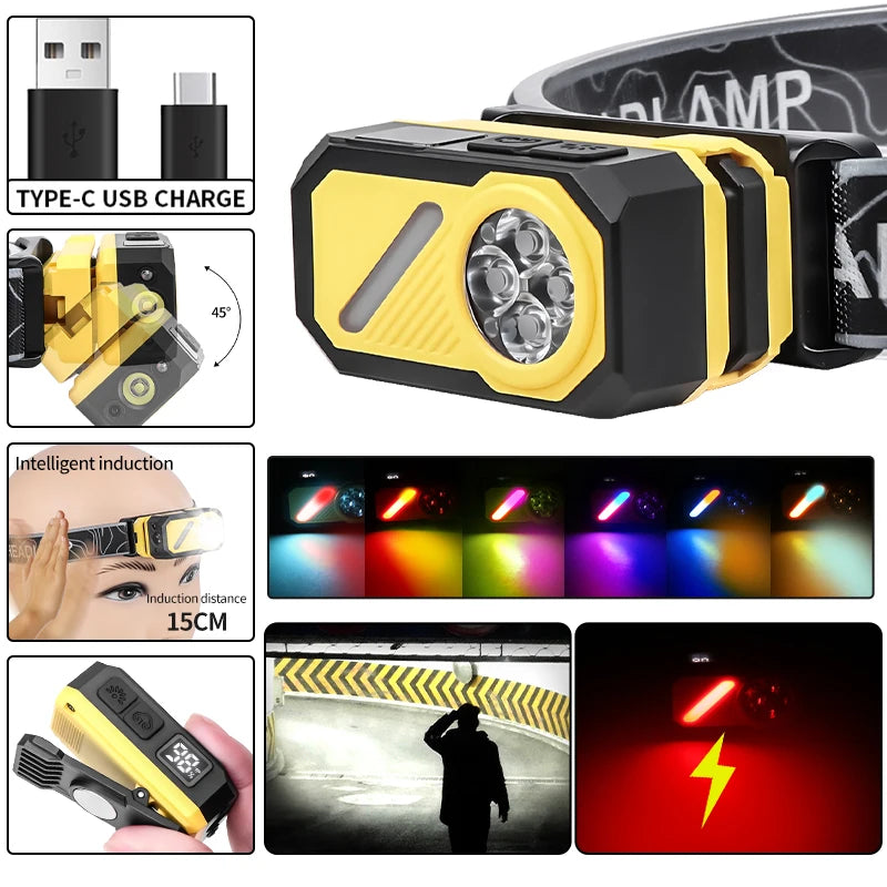 Mini Headlight Flashlight 6-In-1 Induction Dimming 400 Lumens Main Side Light+RGB 12 Mode Ipx4 Waterproof Type-C Charging