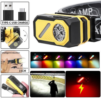 Mini Headlight Flashlight 6-In-1 Induction Dimming 400 Lumens Main Side Light+RGB 12 Mode Ipx4 Waterproof Type-C Charging