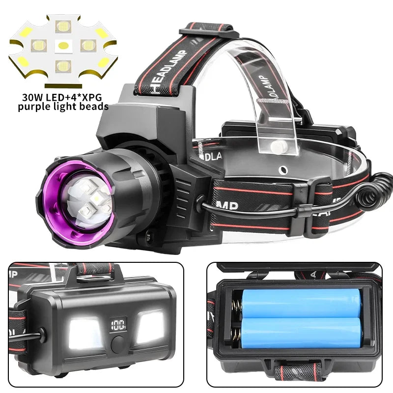 Powerful White LED Headlamp  395nm UV Light Zoom Function Waterproof Rechargeable Head Lamp for Fishing Camping Scorpion Hunting