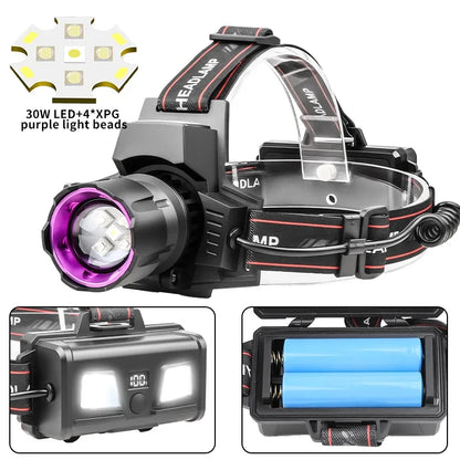 Powerful White LED Headlamp  395nm UV Light Zoom Function Waterproof Rechargeable Head Lamp for Fishing Camping Scorpion Hunting