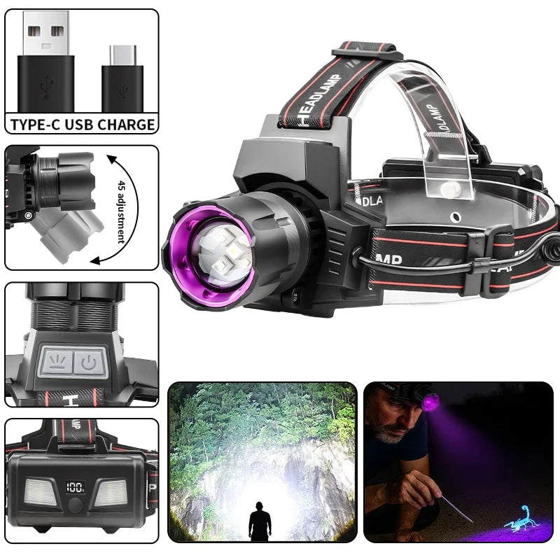 Powerful White LED Headlamp  395nm UV Light Zoom Function Waterproof Rechargeable Head Lamp for Fishing Camping Scorpion Hunting
