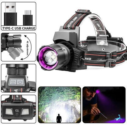 Powerful White LED Headlamp  395nm UV Light Zoom Function Waterproof Rechargeable Head Lamp for Fishing Camping Scorpion Hunting