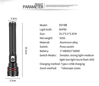 High Power P90 Led Flashlight 5Modes Torch Light 500M Long Range Flashlight with Power Bank Function with Low battery reminder