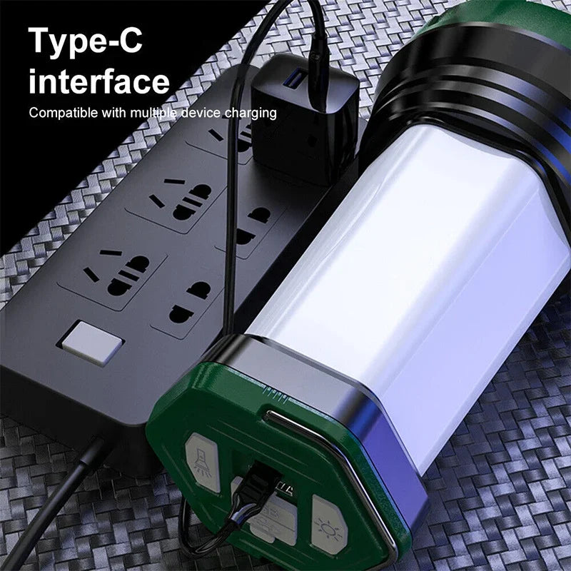 Linterna de camping multifunción LED recargable por USB para exteriores, impermeable, portátil, lámpara de emergencia, potente reflector para tienda de campaña y pesca