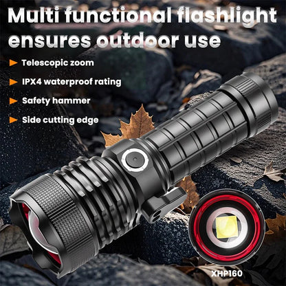 Multifunctional XHP160 Ultra-Bright LED Flashlight Type-C Charging High-Intensity Beam & Emergency Window-Breaking Tool