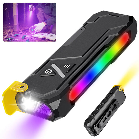 USB Rechargeable EDC Flashlight RGB Camping Light Magnetic White UV Main Light 7 Color Side Light Aluminum IPX4 Outdoor Emergenc