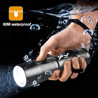 Scuba Diving Flashlight IPX7 Waterproof Grade Professional 200M Underwater Torch Lamp Dive Lantern LED Submarine Safety Light