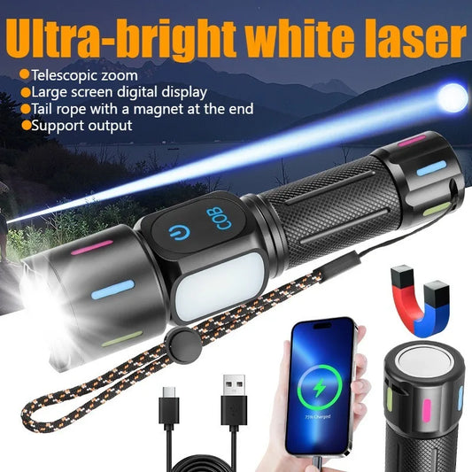 USB Rechargeable Flashlight COB Side Light Battery Indicator Telescopic Zoom Super Bright for Camping Hiking Emergency Lighting