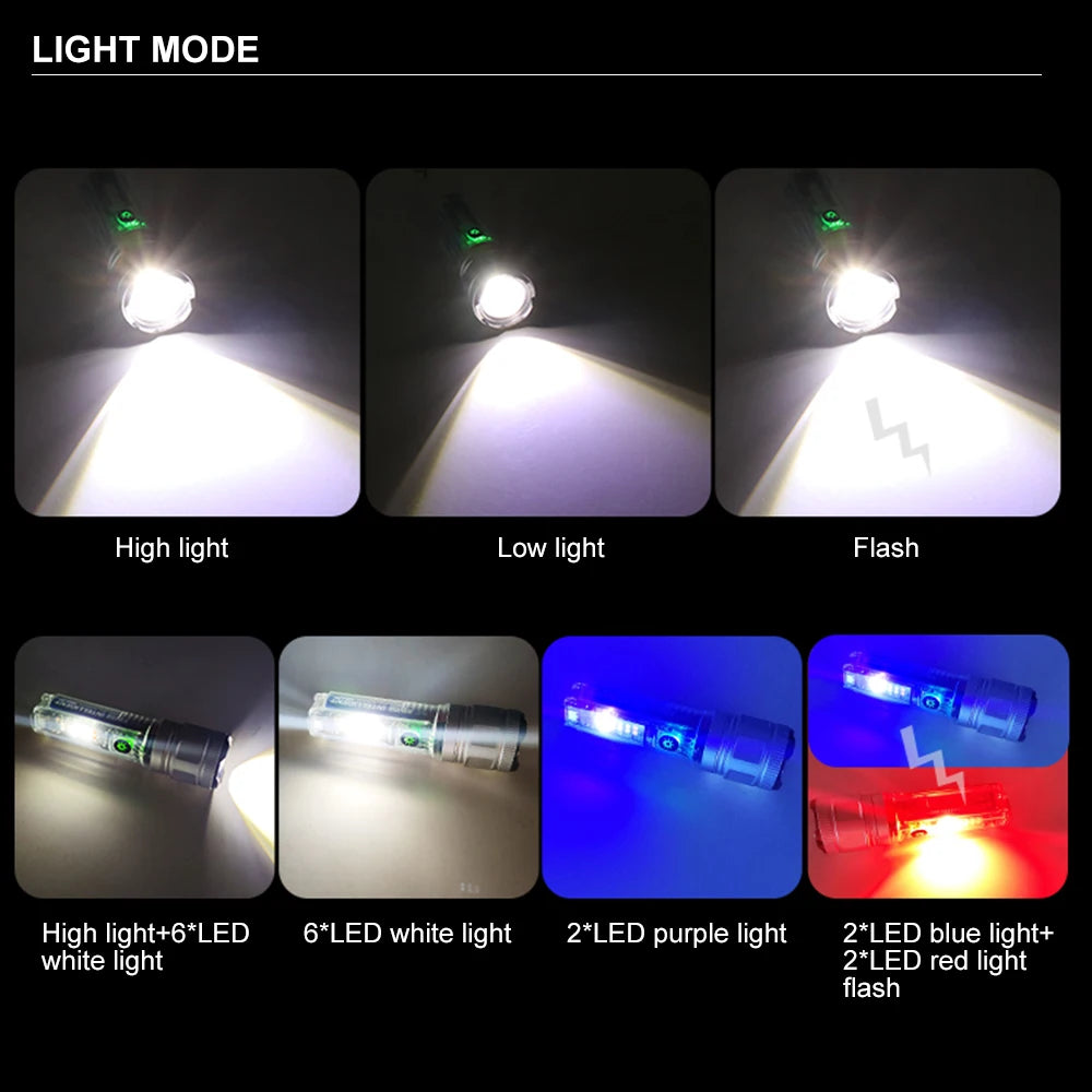 Mini Flashlight XHP50/30W LED 1000LM 1200M Range UV Light Built-in Battery Solar Rechargeable Torch Telescopic Zoom Lamp