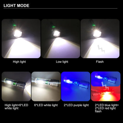 Mini Flashlight XHP50/30W LED 1000LM 1200M Range UV Light Built-in Battery Solar Rechargeable Torch Telescopic Zoom Lamp