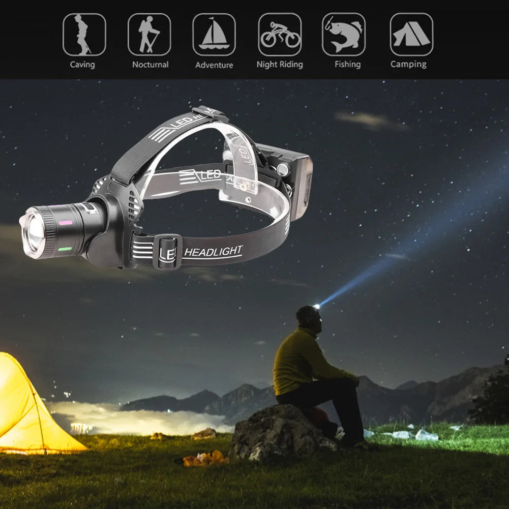 30W LED Camping Search Light Angle Adjustable Super Bright Headlight Power Display Outdoor Portable Headlamp for Power Outages