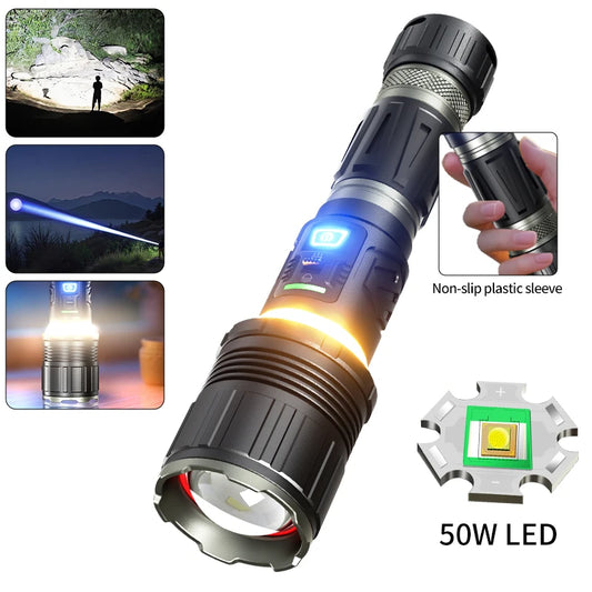 50W white laser flashlight that is extremely bright and has long-range capabilities. The lotus-shaped head can break windows