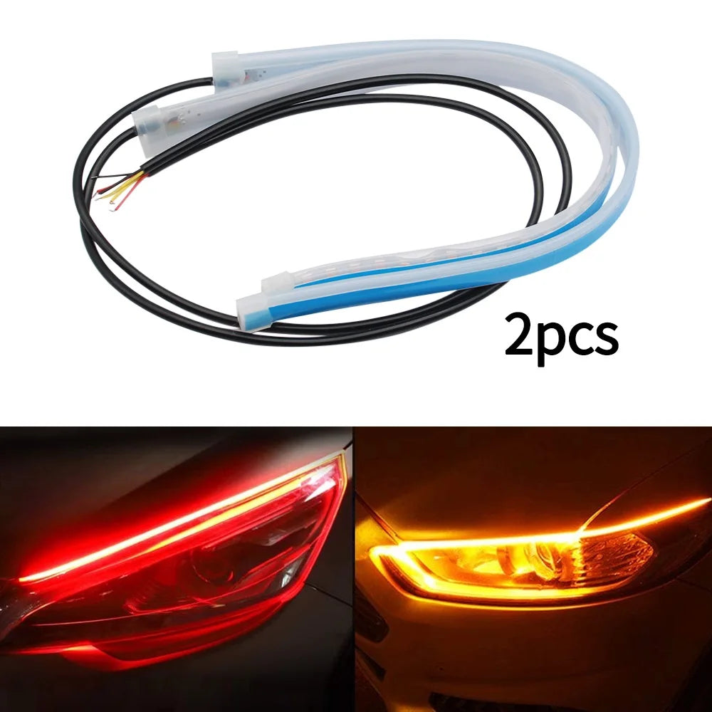12V LED DRL Car Daytime Running Light Flexible Waterproof Strip Auto Headlights White Turn Signal Yellow Brake Flow Lights