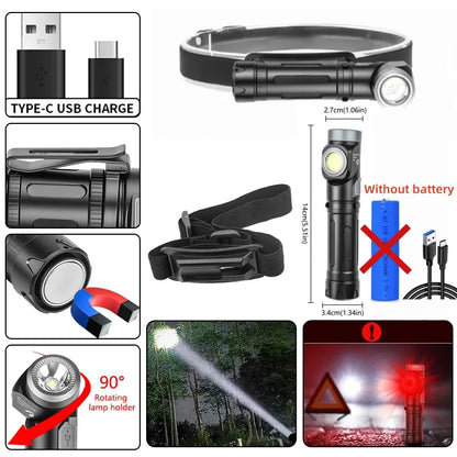 LED+COB waterproof Head Flashlight Type-C Rechargeable 90° Adjustable Portable Headlight Indicator Magnet Tail Camping Torch