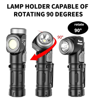 LED+COB waterproof Head Flashlight Type-C Rechargeable 90° Adjustable Portable Headlight Indicator Magnet Tail Camping Torch