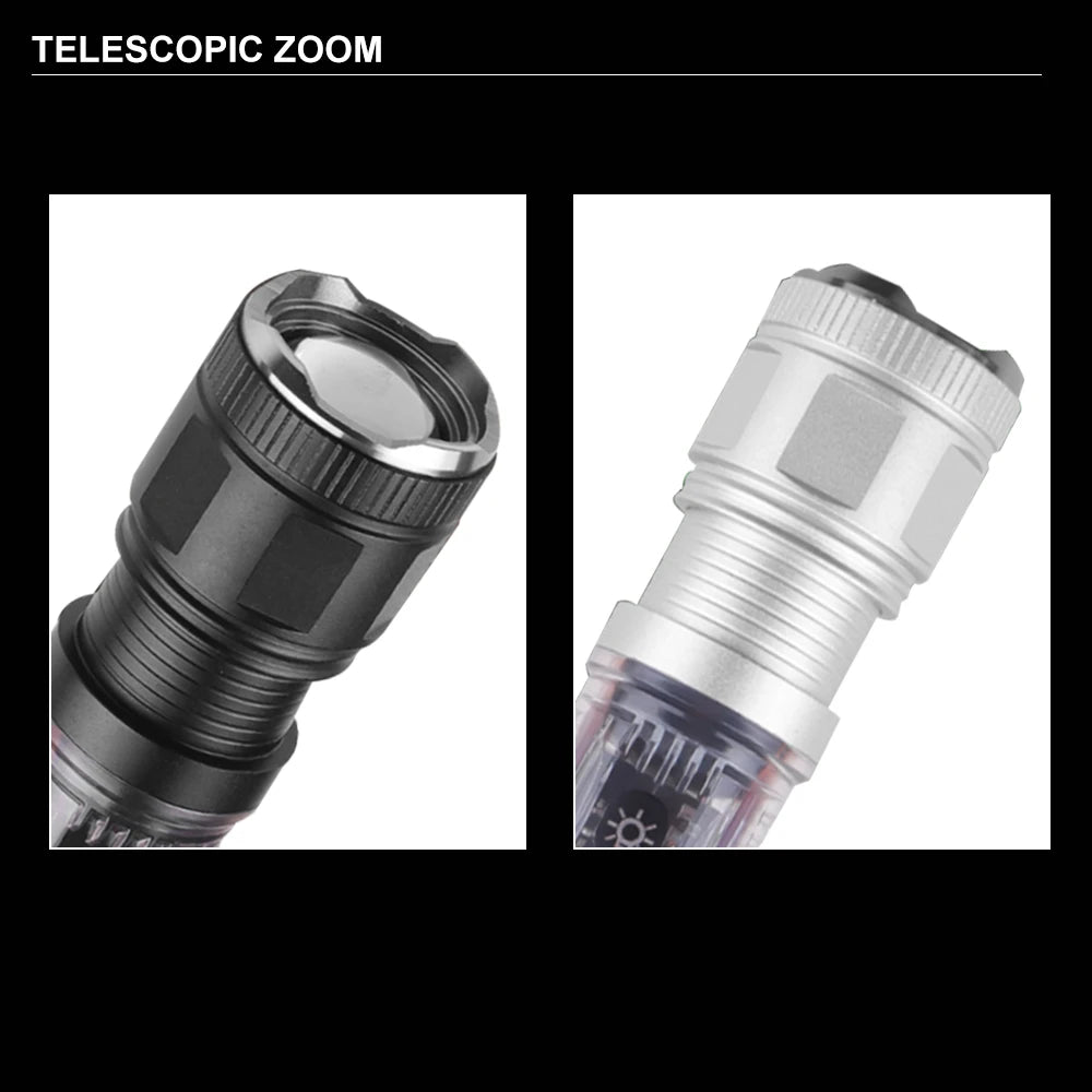 Mini Flashlight XHP50/30W LED 1000LM 1200M Range UV Light Built-in Battery Solar Rechargeable Torch Telescopic Zoom Lamp