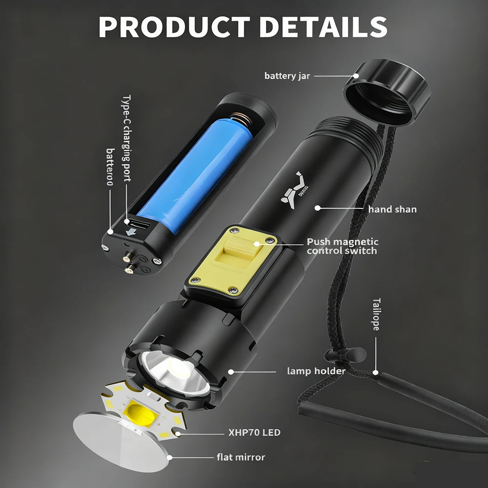 Diving Flashlight 2000LM USB Rechargeable Underwater Light 50M IPX8 Waterproof Scuba Speargun Light for Diving Spearfishing Swim