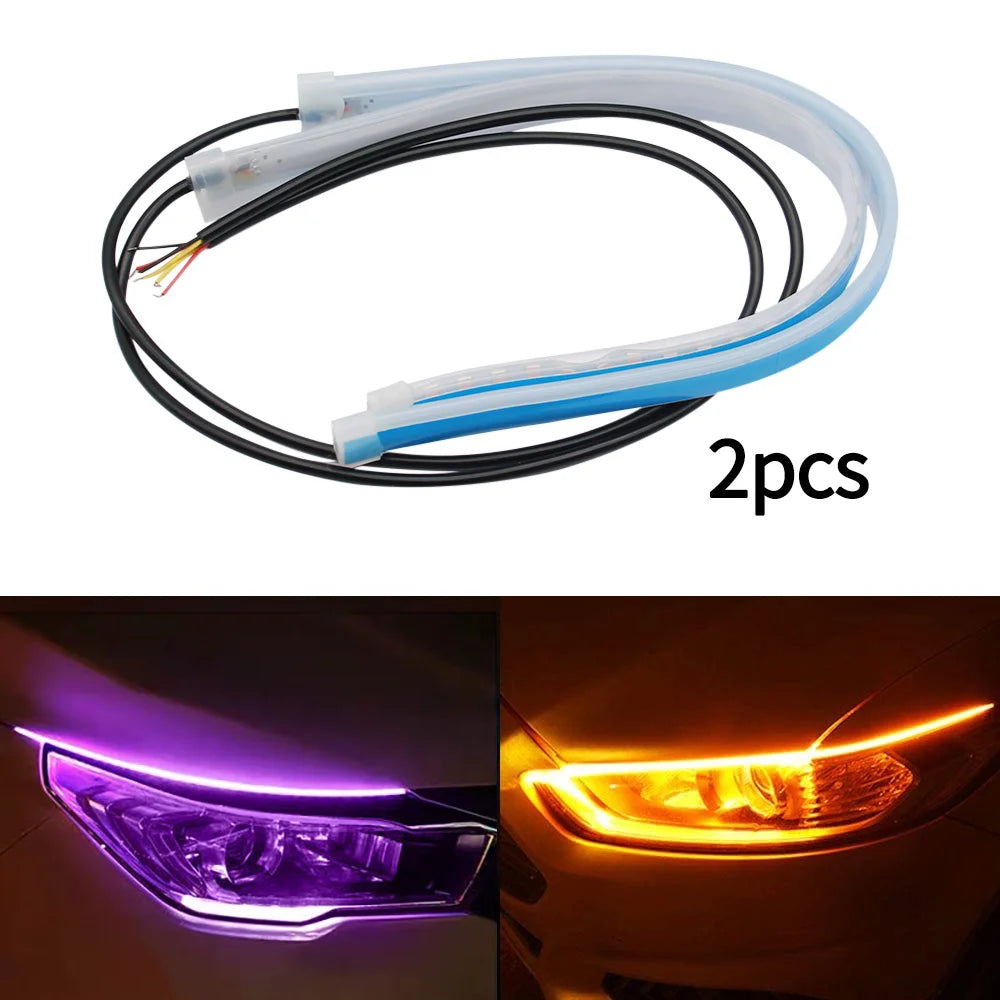 12V LED DRL Car Daytime Running Light Flexible Waterproof Strip Auto Headlights White Turn Signal Yellow Brake Flow Lights