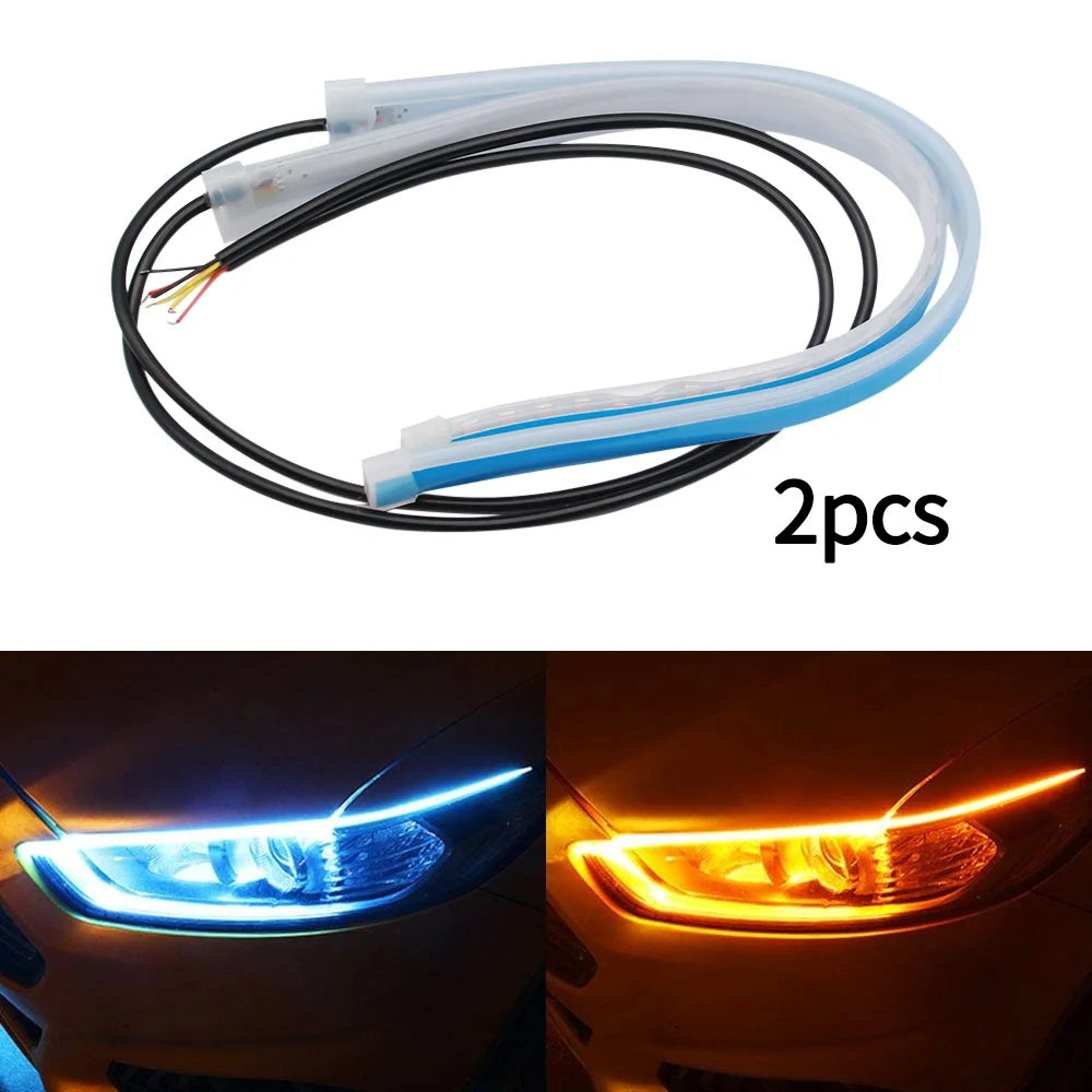 12V LED DRL Car Daytime Running Light Flexible Waterproof Strip Auto Headlights White Turn Signal Yellow Brake Flow Lights