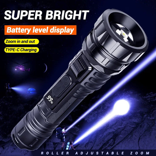 Zoomable Tactical Flashlight USB-C Rechargeable Long Range LED Torch for Hunting/Fishing/Camping (IPX4 Waterproof)