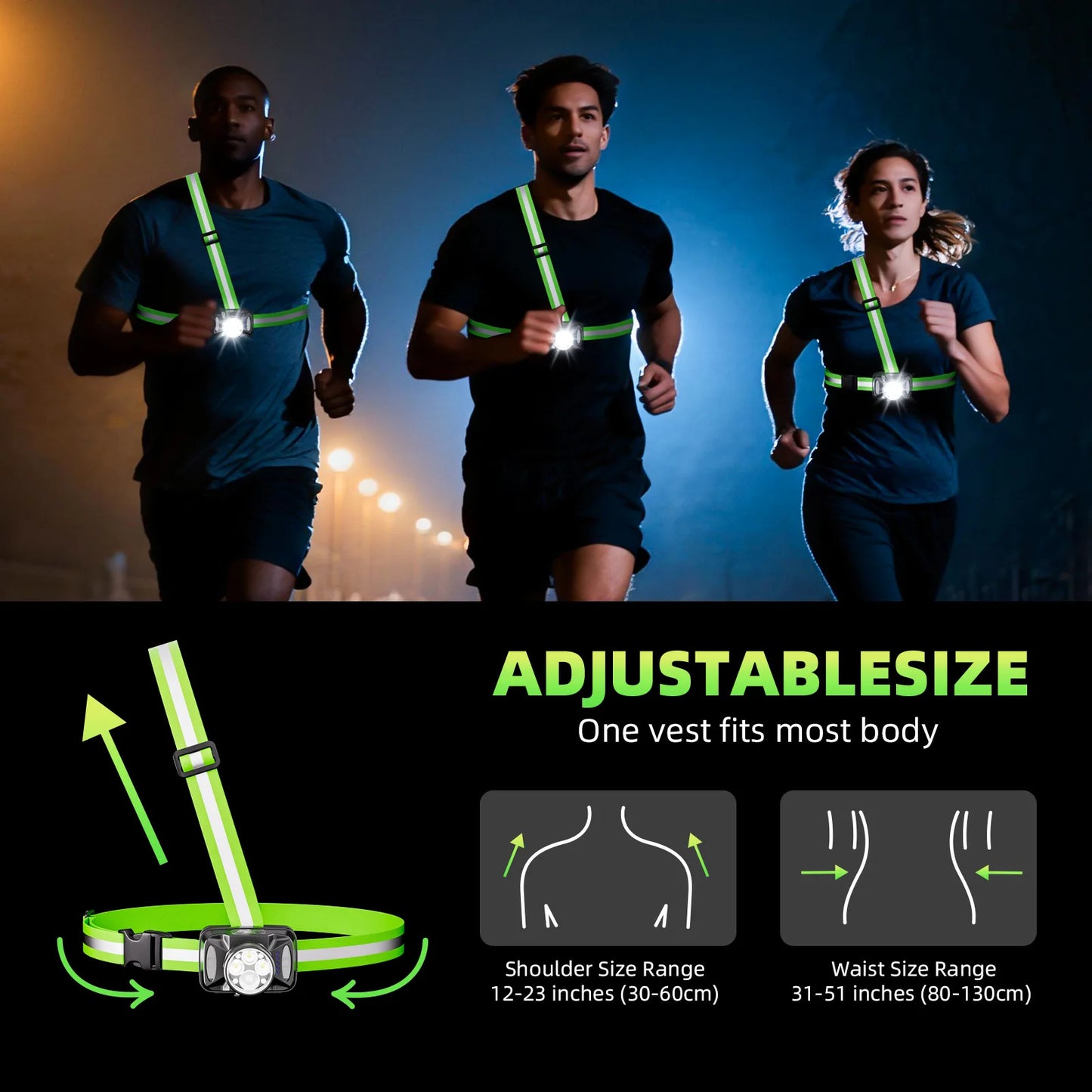LED Night Running Light With 6 Lighting Modes Reflective Safety Vest 500m High Visibility For Cycling Jogging Work Adults Kids PB-25