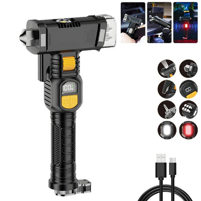 Super Bright LED Flashlight Outdoor Emergency Torch Multifunctional Working Light Broken Window Safety Hammer Red Warning Lamp