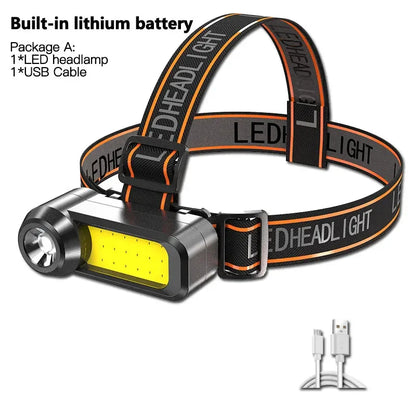 Super Bright COB LED Headlamp Long Range USB Rechargeable Headlight Use 18650 Battery Waterproof Head Lamp Portable Head Light