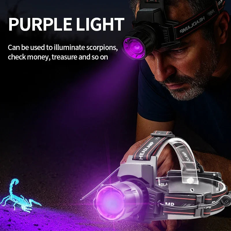 Powerful White LED Headlamp  395nm UV Light Zoom Function Waterproof Rechargeable Head Lamp for Fishing Camping Scorpion Hunting
